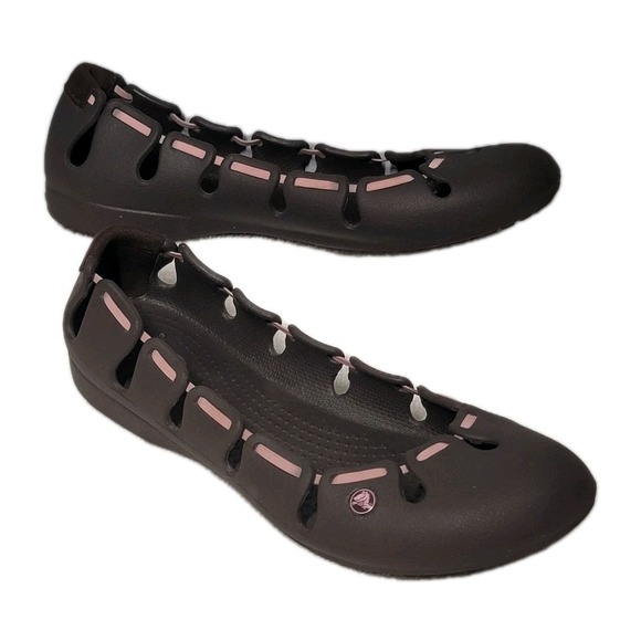 CROCS  Womens Size 9 Brown Spring Ballet Flats With Cutouts Pink Ribbon - Picture 1 of 6